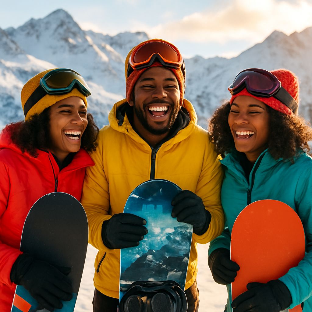 A group of friends laughing together with their snowboards at a resort