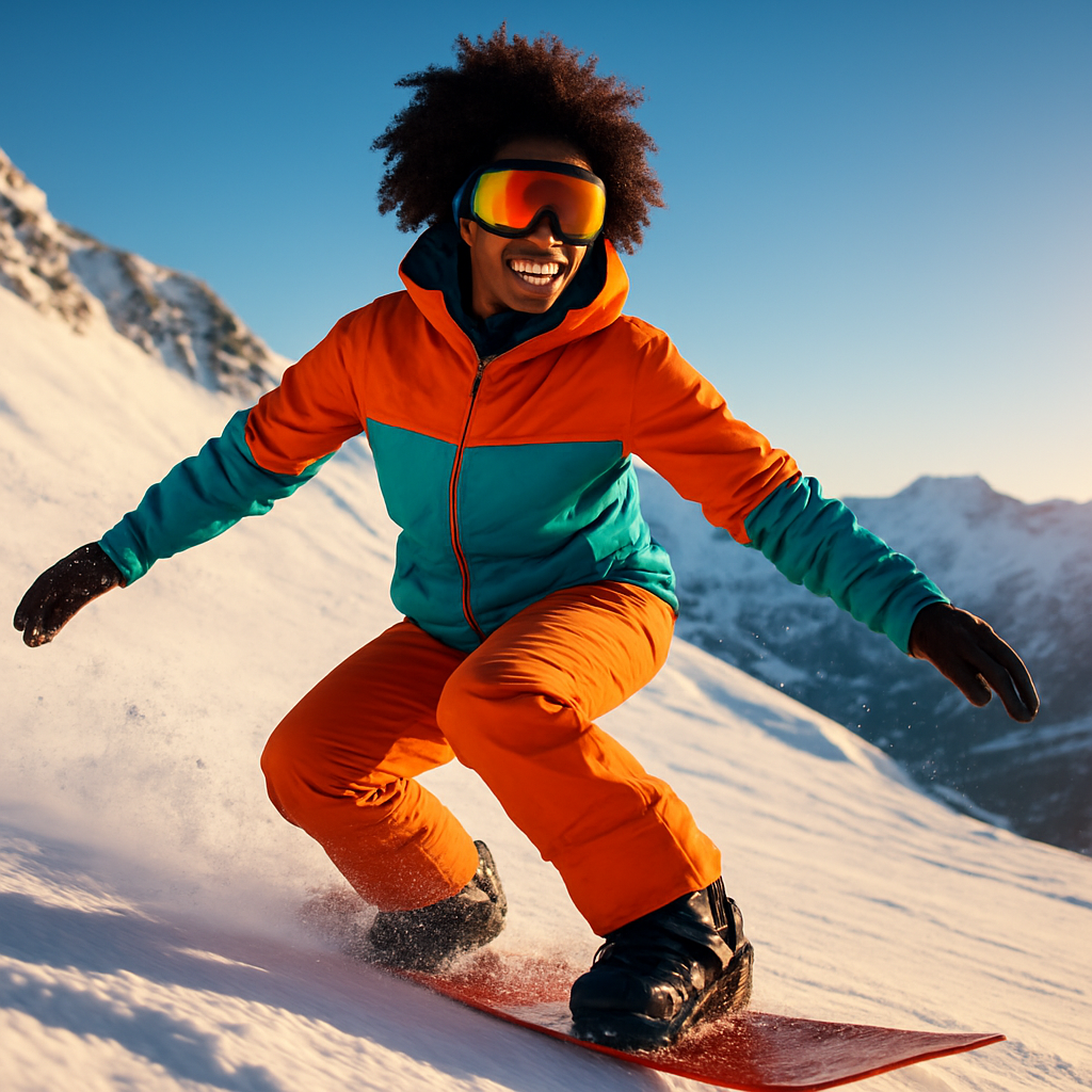 A snowboarder carving down a sunlit snowy slope